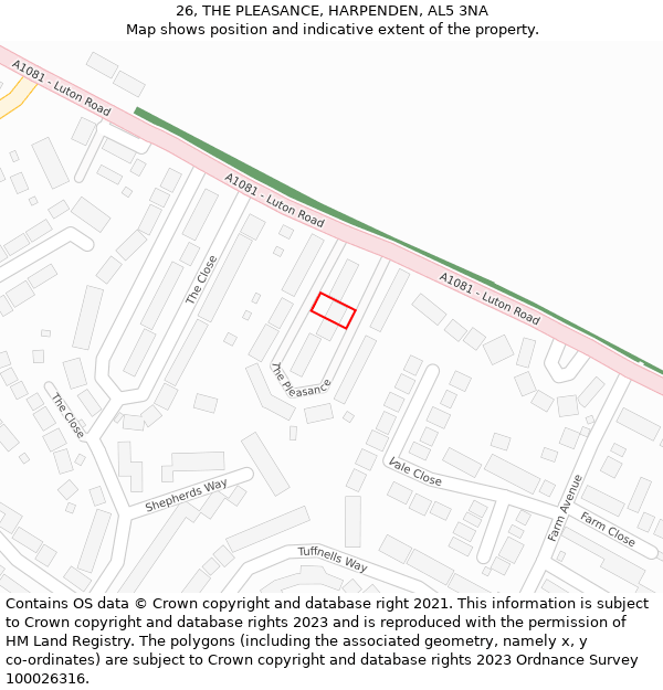 26, THE PLEASANCE, HARPENDEN, AL5 3NA: Location map and indicative extent of plot