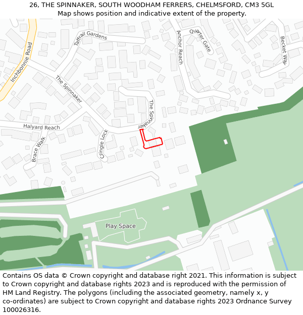 26, THE SPINNAKER, SOUTH WOODHAM FERRERS, CHELMSFORD, CM3 5GL: Location map and indicative extent of plot