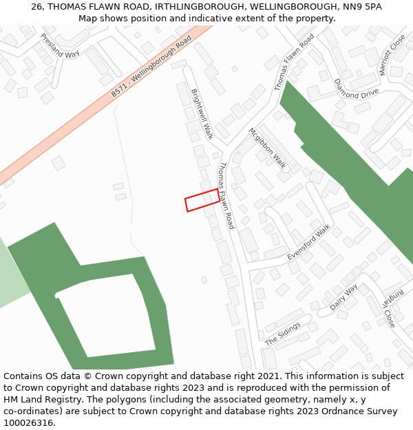 26, THOMAS FLAWN ROAD, IRTHLINGBOROUGH, WELLINGBOROUGH, NN9 5PA: Location map and indicative extent of plot