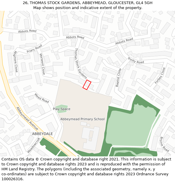 26, THOMAS STOCK GARDENS, ABBEYMEAD, GLOUCESTER, GL4 5GH: Location map and indicative extent of plot