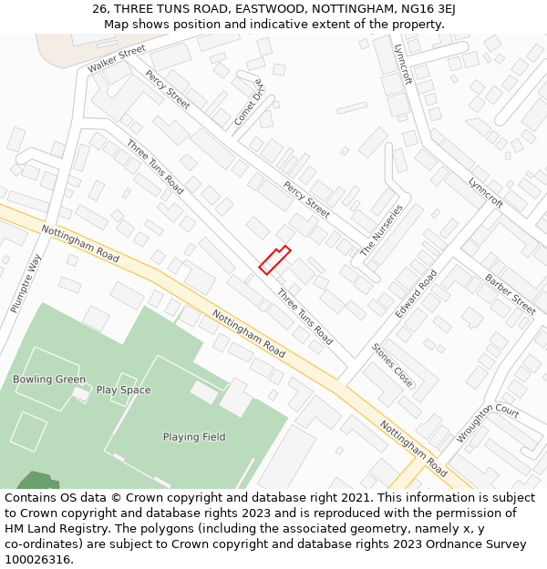 26, THREE TUNS ROAD, EASTWOOD, NOTTINGHAM, NG16 3EJ: Location map and indicative extent of plot