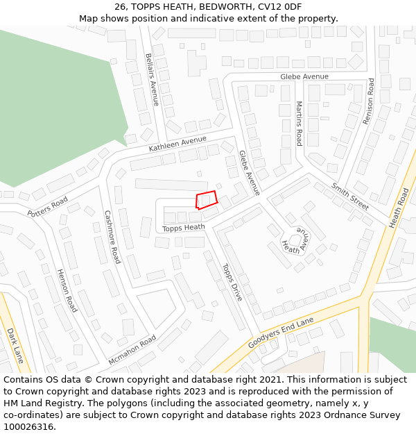 26, TOPPS HEATH, BEDWORTH, CV12 0DF: Location map and indicative extent of plot