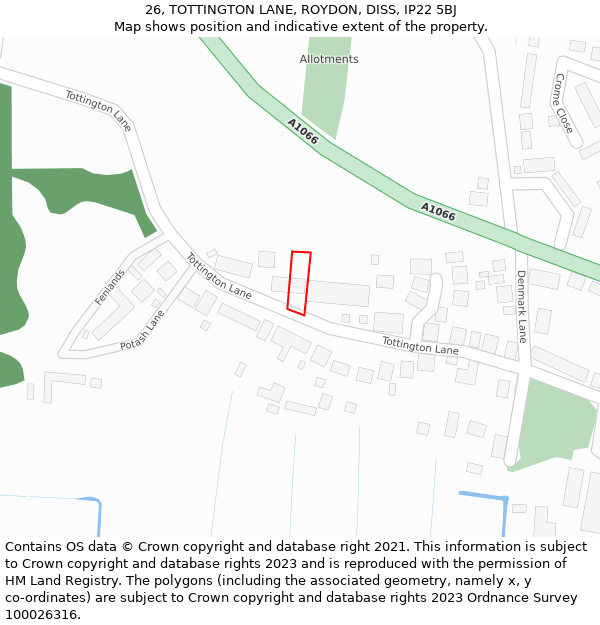 26, TOTTINGTON LANE, ROYDON, DISS, IP22 5BJ: Location map and indicative extent of plot