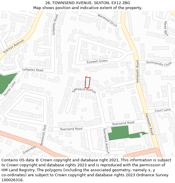 26, TOWNSEND AVENUE, SEATON, EX12 2BG: Location map and indicative extent of plot