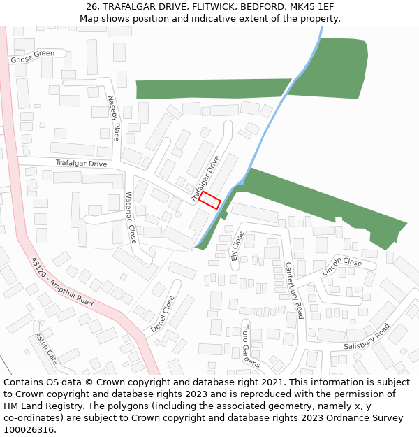 26, TRAFALGAR DRIVE, FLITWICK, BEDFORD, MK45 1EF: Location map and indicative extent of plot