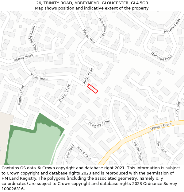 26, TRINITY ROAD, ABBEYMEAD, GLOUCESTER, GL4 5GB: Location map and indicative extent of plot