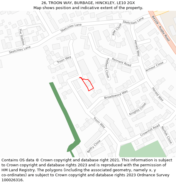 26, TROON WAY, BURBAGE, HINCKLEY, LE10 2GX: Location map and indicative extent of plot