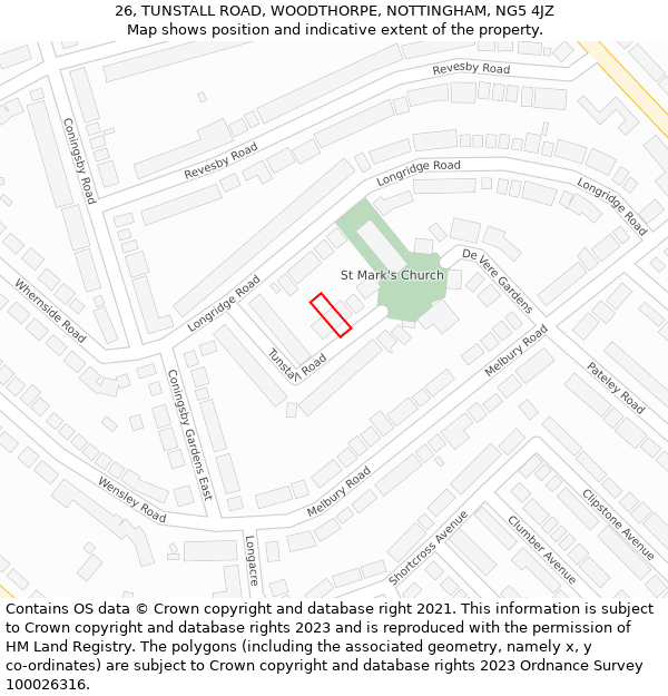 26, TUNSTALL ROAD, WOODTHORPE, NOTTINGHAM, NG5 4JZ: Location map and indicative extent of plot