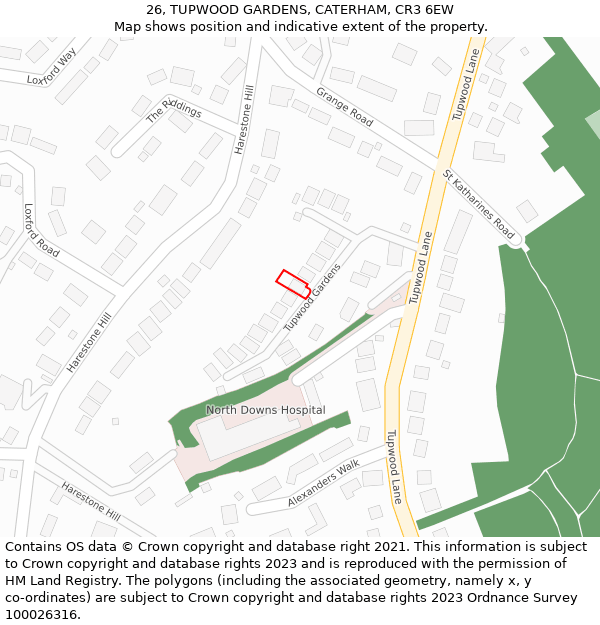 26, TUPWOOD GARDENS, CATERHAM, CR3 6EW: Location map and indicative extent of plot