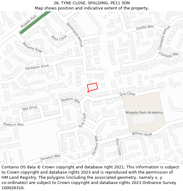 26, TYNE CLOSE, SPALDING, PE11 3DN: Location map and indicative extent of plot