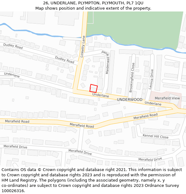 26, UNDERLANE, PLYMPTON, PLYMOUTH, PL7 1QU: Location map and indicative extent of plot