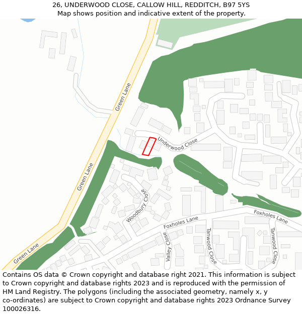 26, UNDERWOOD CLOSE, CALLOW HILL, REDDITCH, B97 5YS: Location map and indicative extent of plot