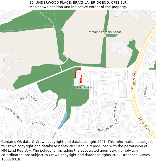 26, UNDERWOOD PLACE, BRACKLA, BRIDGEND, CF31 2LR: Location map and indicative extent of plot