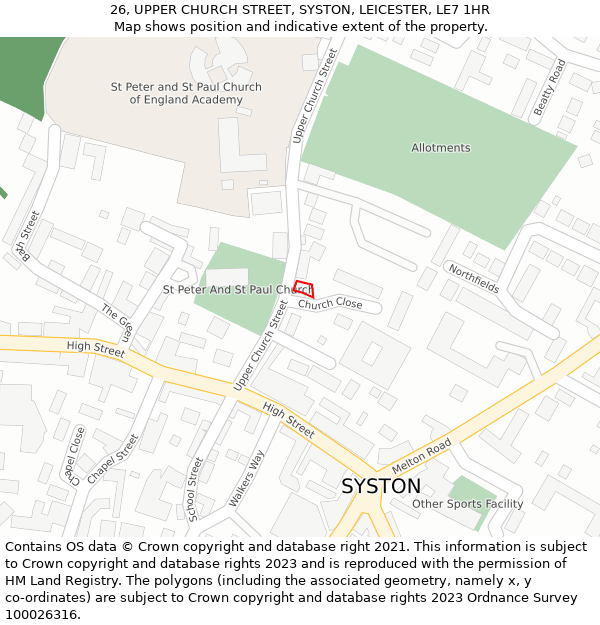 26, UPPER CHURCH STREET, SYSTON, LEICESTER, LE7 1HR: Location map and indicative extent of plot