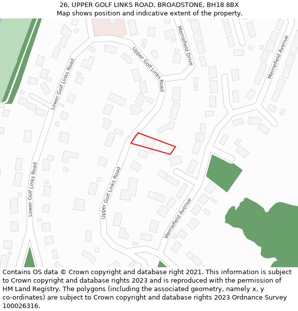 26, UPPER GOLF LINKS ROAD, BROADSTONE, BH18 8BX: Location map and indicative extent of plot