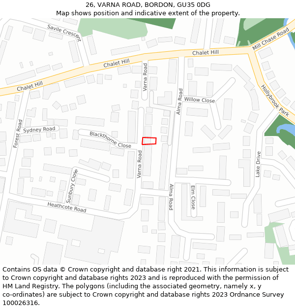 26, VARNA ROAD, BORDON, GU35 0DG: Location map and indicative extent of plot