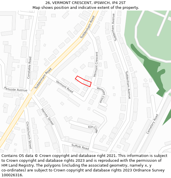 26, VERMONT CRESCENT, IPSWICH, IP4 2ST: Location map and indicative extent of plot