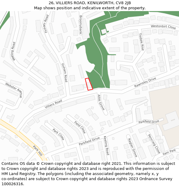 26, VILLIERS ROAD, KENILWORTH, CV8 2JB: Location map and indicative extent of plot