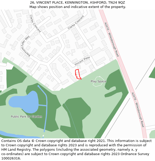 26, VINCENT PLACE, KENNINGTON, ASHFORD, TN24 9QZ: Location map and indicative extent of plot