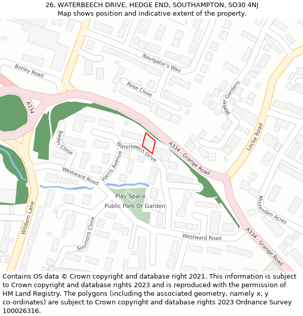 26, WATERBEECH DRIVE, HEDGE END, SOUTHAMPTON, SO30 4NJ: Location map and indicative extent of plot