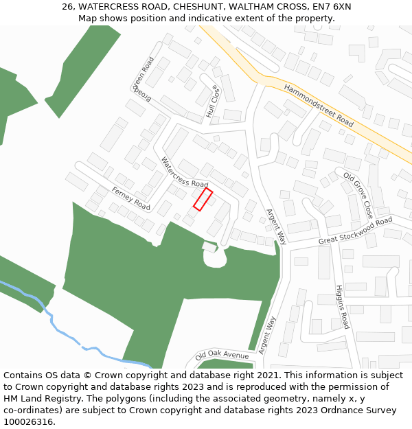 26, WATERCRESS ROAD, CHESHUNT, WALTHAM CROSS, EN7 6XN: Location map and indicative extent of plot
