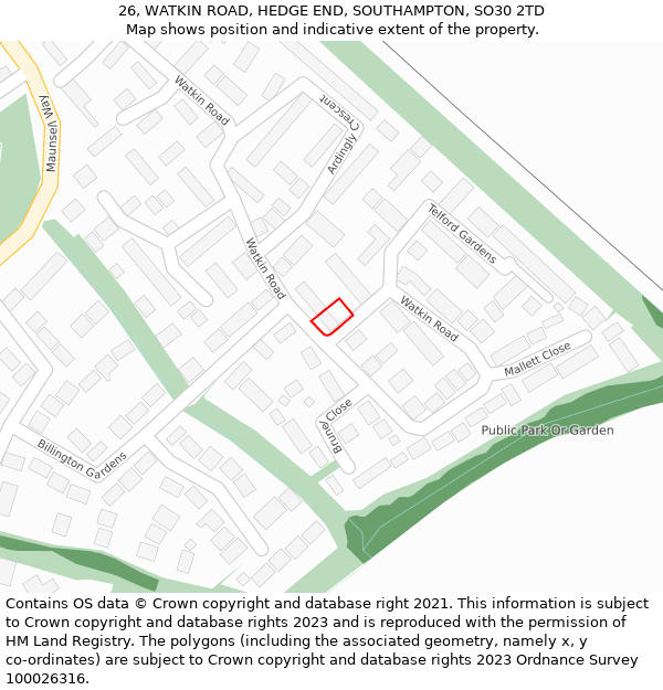 26, WATKIN ROAD, HEDGE END, SOUTHAMPTON, SO30 2TD: Location map and indicative extent of plot