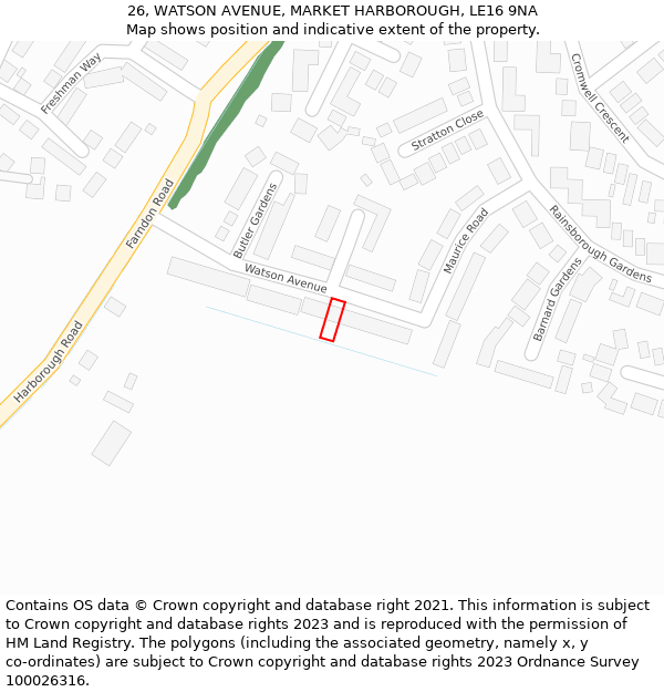 26, WATSON AVENUE, MARKET HARBOROUGH, LE16 9NA: Location map and indicative extent of plot