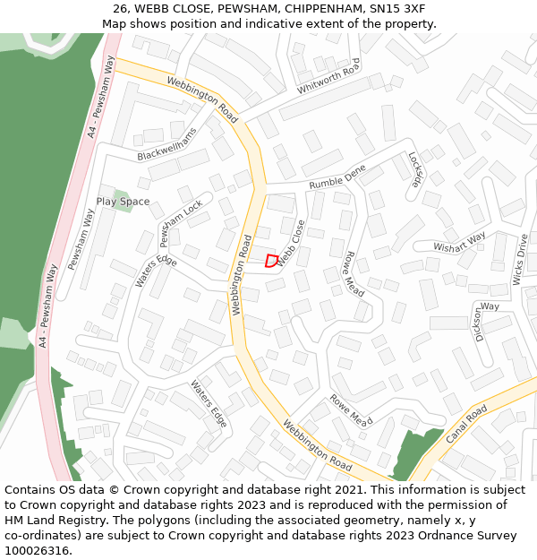 26, WEBB CLOSE, PEWSHAM, CHIPPENHAM, SN15 3XF: Location map and indicative extent of plot