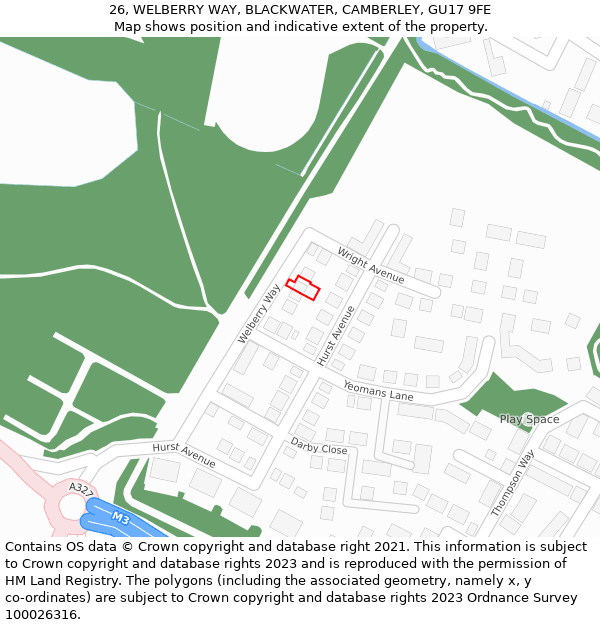 26, WELBERRY WAY, BLACKWATER, CAMBERLEY, GU17 9FE: Location map and indicative extent of plot