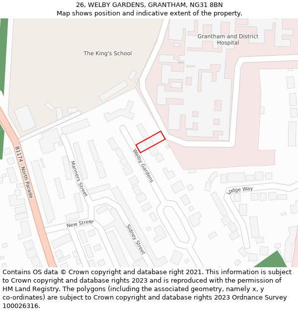 26, WELBY GARDENS, GRANTHAM, NG31 8BN: Location map and indicative extent of plot