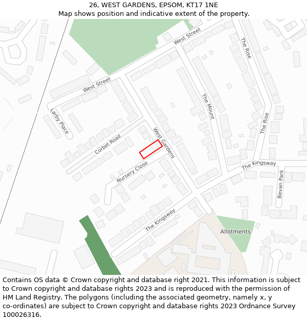 26, WEST GARDENS, EPSOM, KT17 1NE: Location map and indicative extent of plot