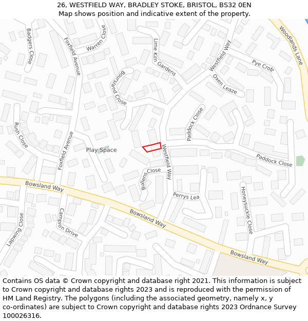 26, WESTFIELD WAY, BRADLEY STOKE, BRISTOL, BS32 0EN: Location map and indicative extent of plot