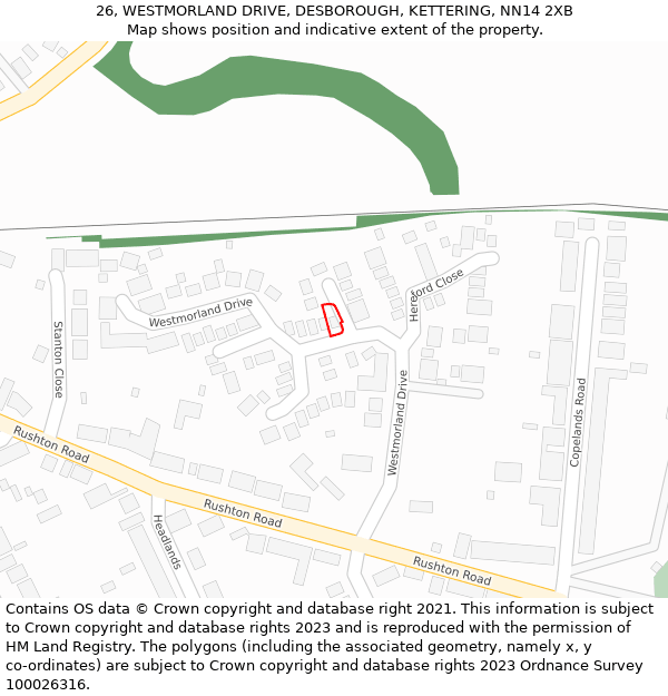 26, WESTMORLAND DRIVE, DESBOROUGH, KETTERING, NN14 2XB: Location map and indicative extent of plot