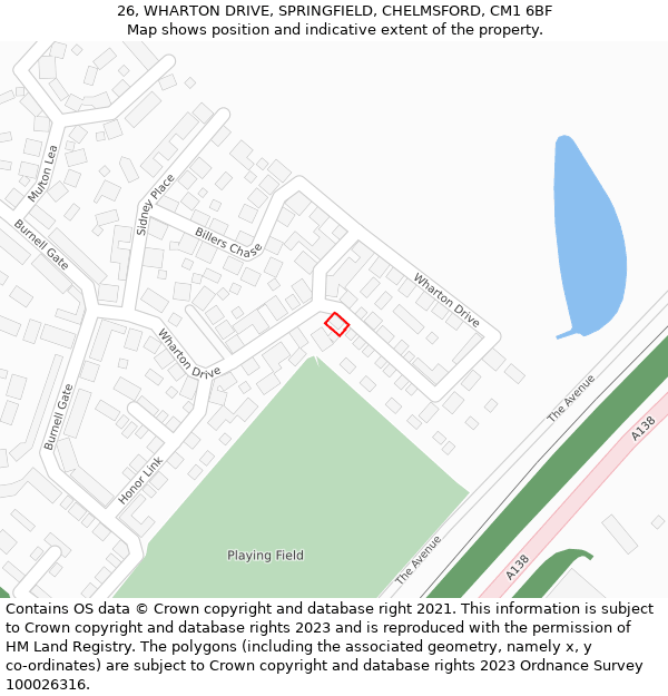 26, WHARTON DRIVE, SPRINGFIELD, CHELMSFORD, CM1 6BF: Location map and indicative extent of plot