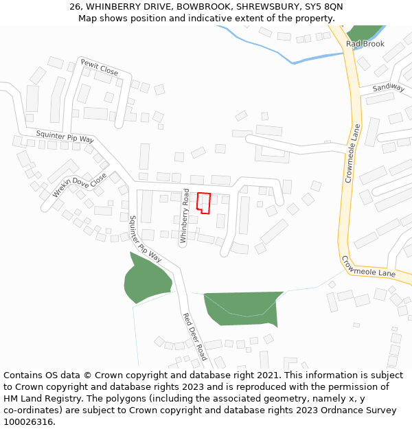 26, WHINBERRY DRIVE, BOWBROOK, SHREWSBURY, SY5 8QN: Location map and indicative extent of plot
