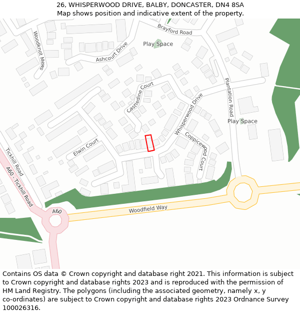 26, WHISPERWOOD DRIVE, BALBY, DONCASTER, DN4 8SA: Location map and indicative extent of plot