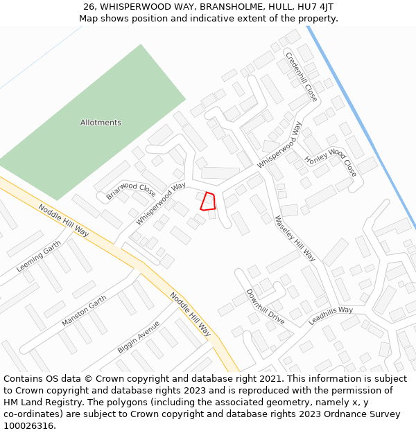 26, WHISPERWOOD WAY, BRANSHOLME, HULL, HU7 4JT: Location map and indicative extent of plot