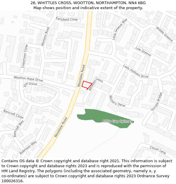 26, WHITTLES CROSS, WOOTTON, NORTHAMPTON, NN4 6BG: Location map and indicative extent of plot