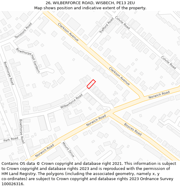 26, WILBERFORCE ROAD, WISBECH, PE13 2EU: Location map and indicative extent of plot