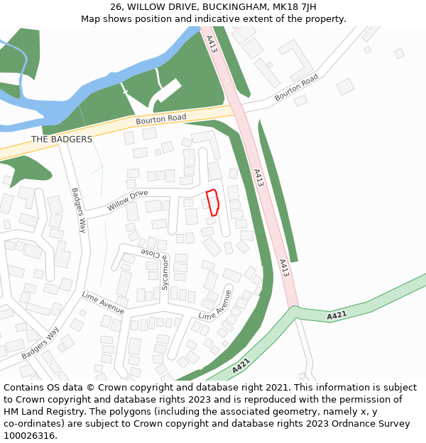 26, WILLOW DRIVE, BUCKINGHAM, MK18 7JH: Location map and indicative extent of plot