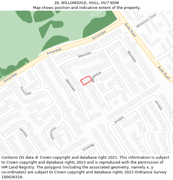 26, WILLOWDALE, HULL, HU7 6DW: Location map and indicative extent of plot