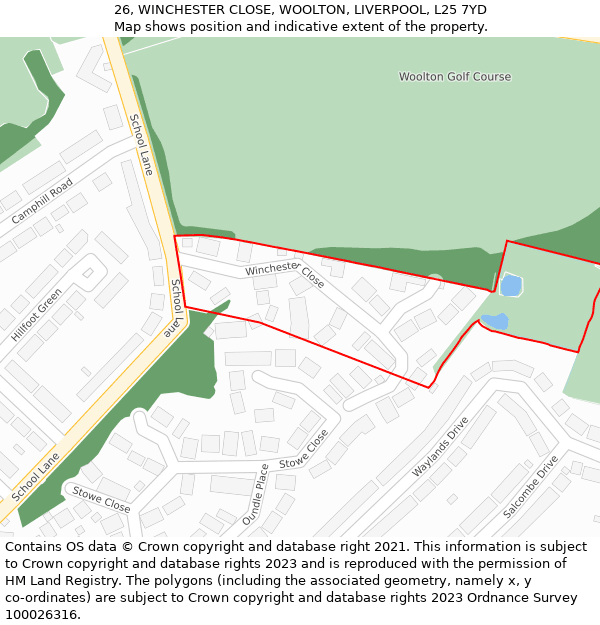 26, WINCHESTER CLOSE, WOOLTON, LIVERPOOL, L25 7YD: Location map and indicative extent of plot