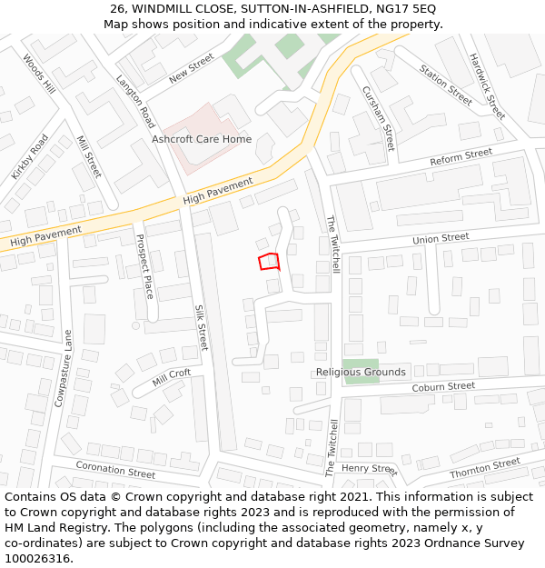 26, WINDMILL CLOSE, SUTTON-IN-ASHFIELD, NG17 5EQ: Location map and indicative extent of plot