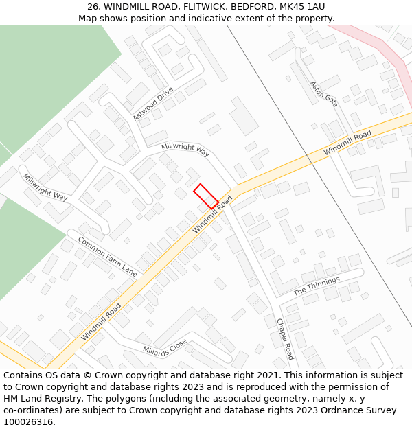 26, WINDMILL ROAD, FLITWICK, BEDFORD, MK45 1AU: Location map and indicative extent of plot