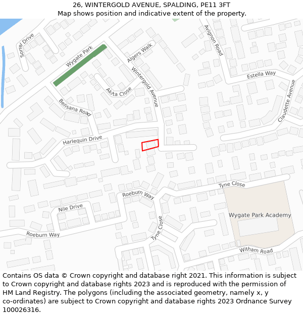 26, WINTERGOLD AVENUE, SPALDING, PE11 3FT: Location map and indicative extent of plot