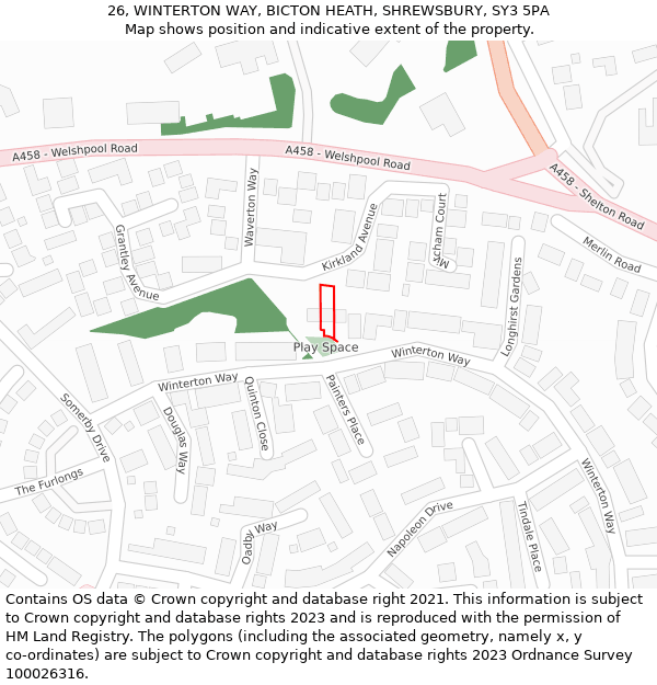 26, WINTERTON WAY, BICTON HEATH, SHREWSBURY, SY3 5PA: Location map and indicative extent of plot