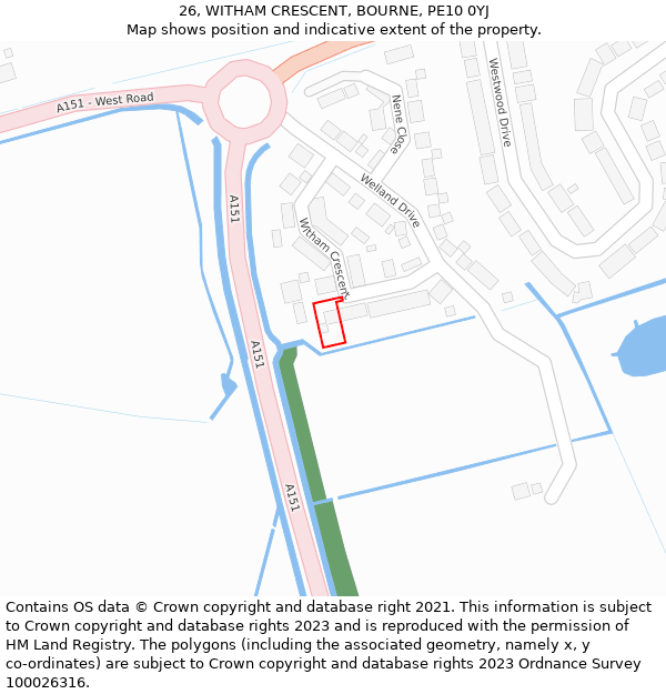 26, WITHAM CRESCENT, BOURNE, PE10 0YJ: Location map and indicative extent of plot