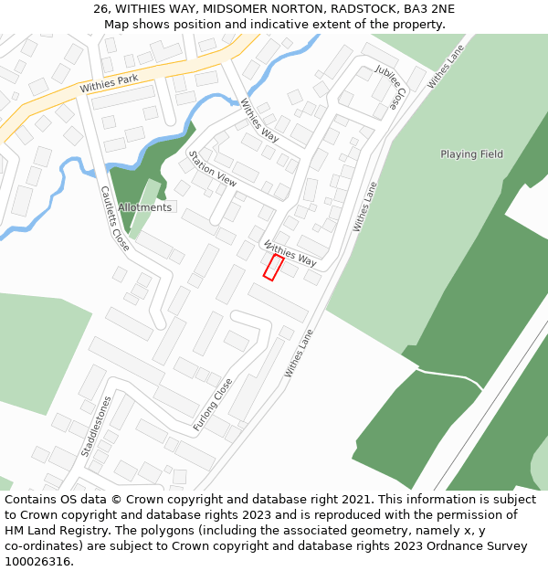 26, WITHIES WAY, MIDSOMER NORTON, RADSTOCK, BA3 2NE: Location map and indicative extent of plot