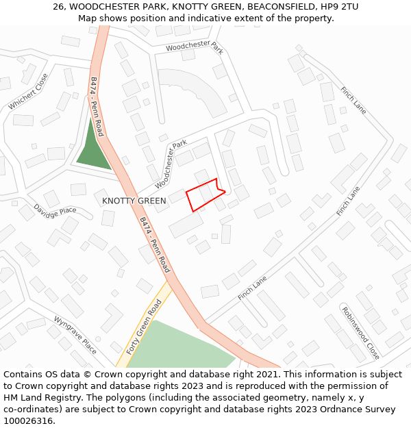 26, WOODCHESTER PARK, KNOTTY GREEN, BEACONSFIELD, HP9 2TU: Location map and indicative extent of plot