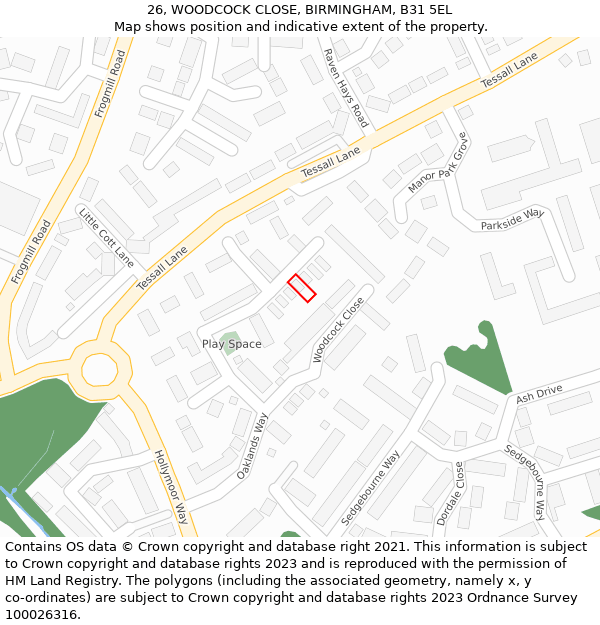 26, WOODCOCK CLOSE, BIRMINGHAM, B31 5EL: Location map and indicative extent of plot